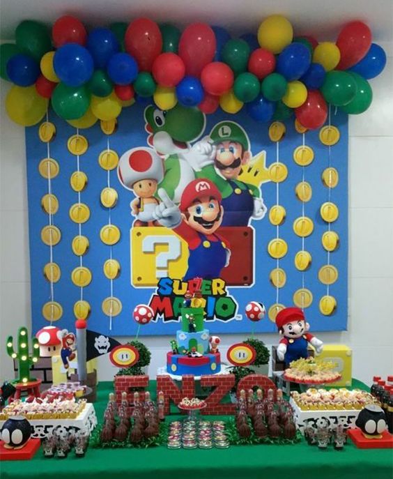 Mesas de postres para fiesta temática de Mario Bros